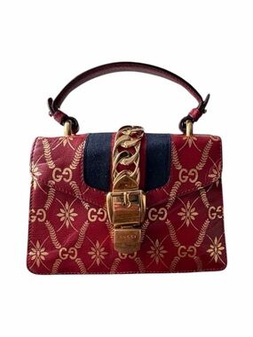 Gucci Sylvie Textured Gold Foil Pattern Mini Top Handle Bag – Hibiscus Red